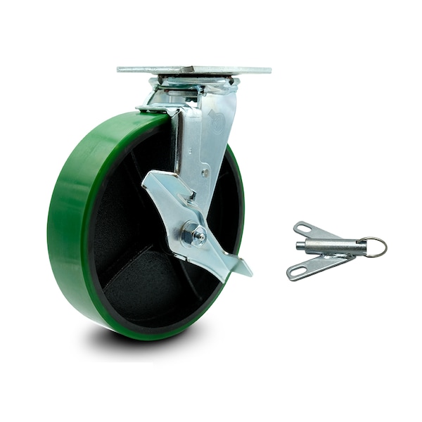 Service Caster 8 Inch Green Poly on Cast Iron Caster with Roller Bearing and Brake/Swivel Lock SCC-30CS820-PUR-GB-TLB-BSL - main